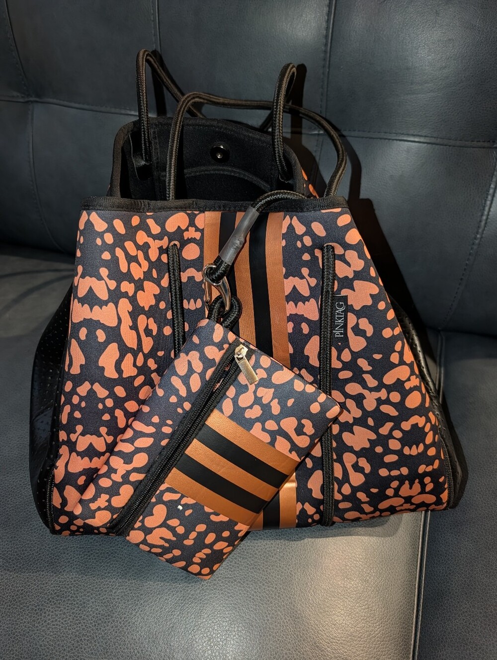 Pinktag Orange & Black Patterned Tote Bag with Pouch
